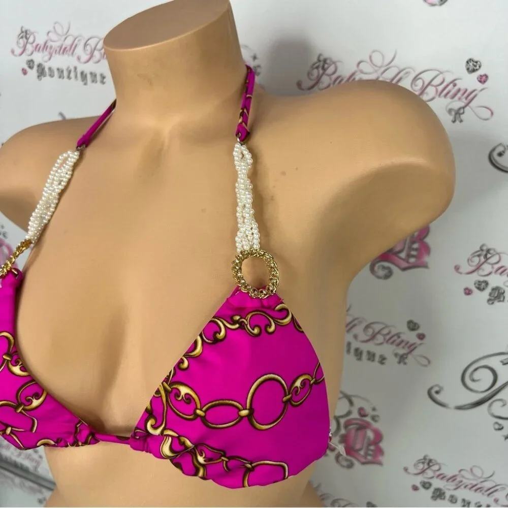 Beach Bunny bikini top pearls one of 500 rare Fuchsia and Gold Bikini Top chains